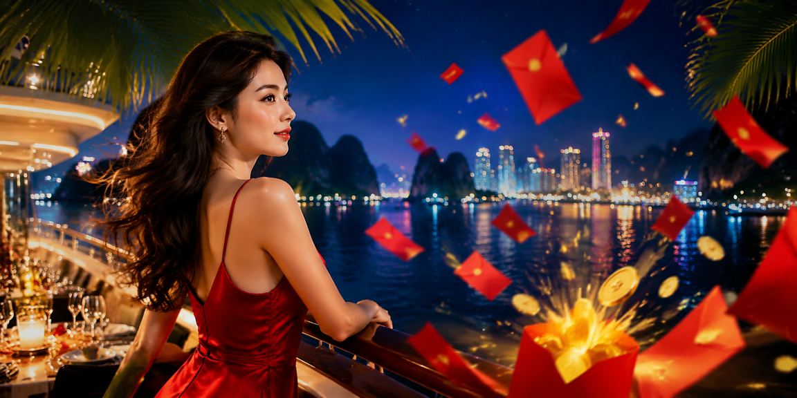 Người mẫu Việt Nam nhận phong bì đỏ thưởng trên nền cảnh vịnh Hạ Long đẹp thơ mộng