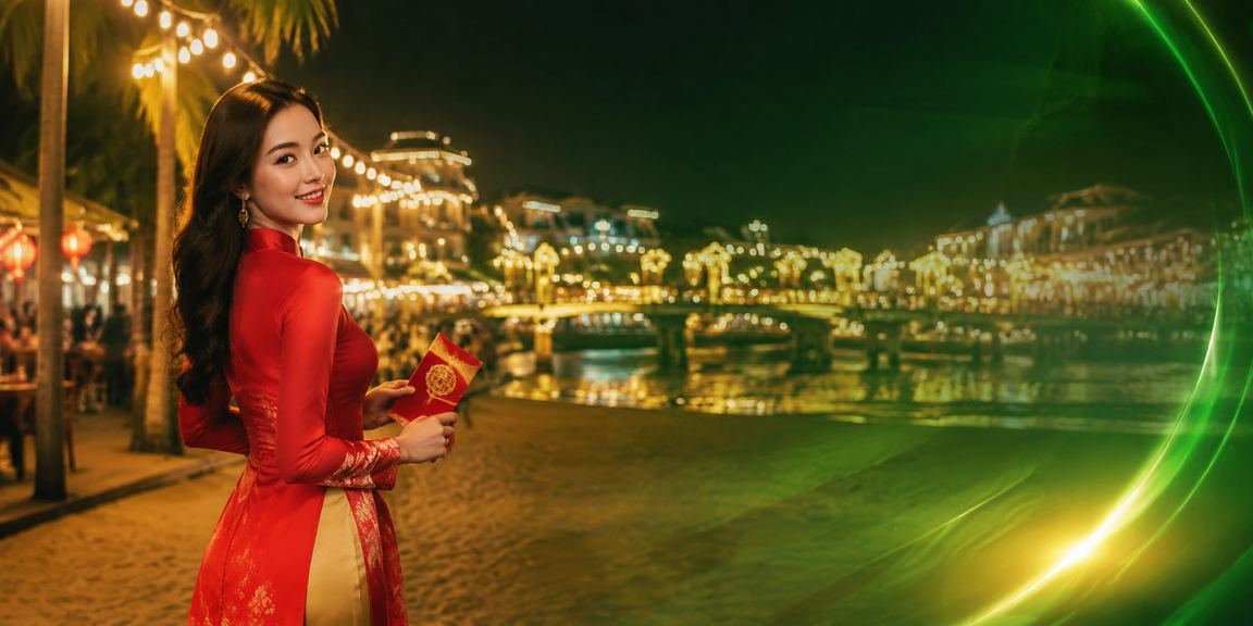 Người phụ nữ mặc áo dài tại Hội An cầm phong bì đỏ biểu trưng may mắn và phần thưởng